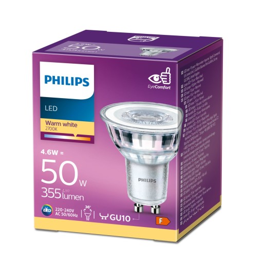 GU10 Philips LED žiarovka 4,6W = 50W / 355 lm 2700K