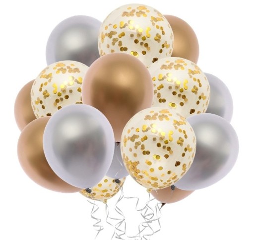 METALICKÉ SATÉNOVÉ boho BALÓNKY ZLATÉ STRIEBORNÉ KONFETTI 15 ks.