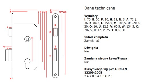 WC zámok JANIA ekonomický bez západky 72/50 ľavý predný 220mm