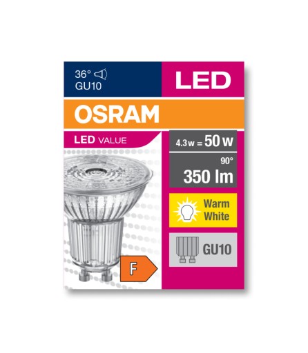 LED ŽIAROVKA GU10 4,3W 3000K 350lm 36° SKLO OSRAM