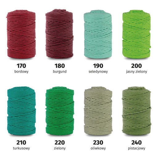 Bavlnená pletená šnúrka 5mm, 100m, MACRAME - 43 RÔZNYCH FARIEB
