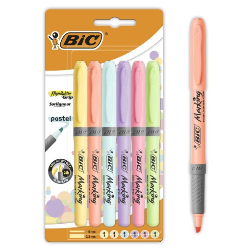 BIC Zvýrazňovač GRIP ŠKOLSKÝ ZVÝRAZŇOVAČ KANCELÁRIA 6 PASTELOVÝCH FARIEB