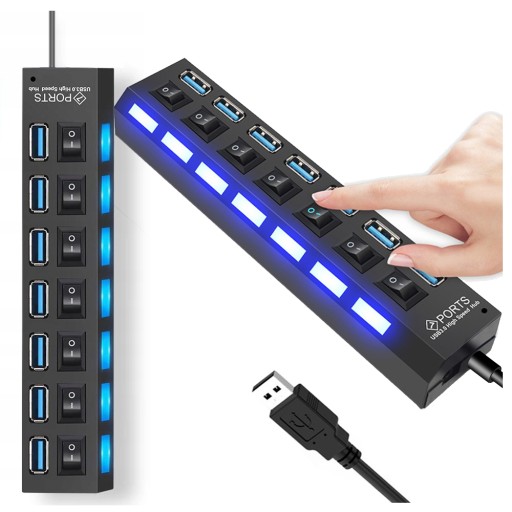 7X USB HUB SPLITTER REPLIKÁTOR PORTU S SPÍNAČMI