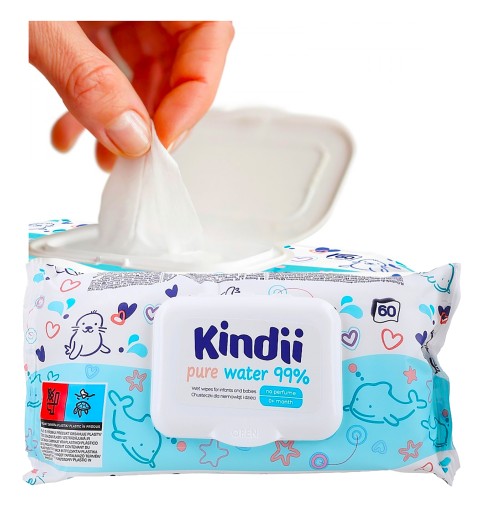 Kindii vlhčené obrúsky, voda, 60 ks v balení pre deti 0+ PURE
