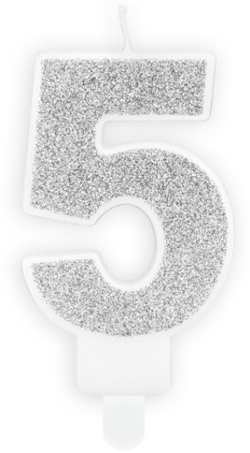 Narodeninová sviečka 5 SILVER GLITTER na tortu FIVE