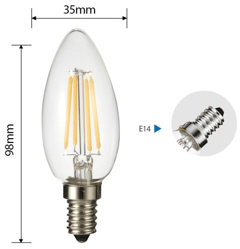 E14 LED FILAMENT žiarovka 4W C35 teplá sviečka
