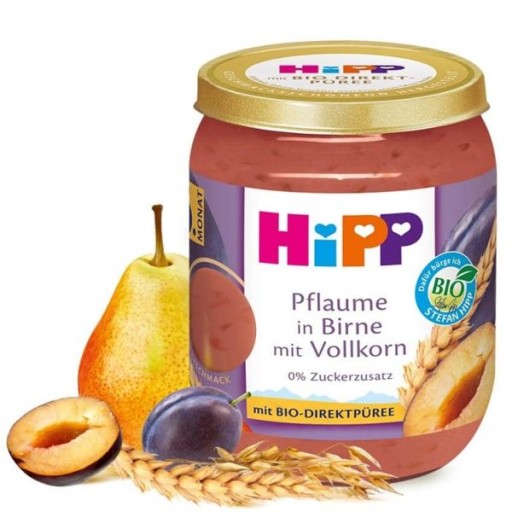HiPP hruškový dezert so slivkami a vitamínovými cereáliami. E