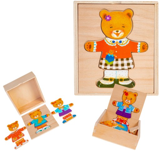 DREVENÝ MEDVEĎ OBLEČIŤ PUZZLE, DIEVČA