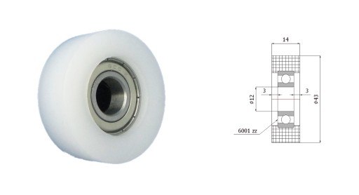 Plastový valček s ložiskom, priemer 43 mm, priemer 12 mm
