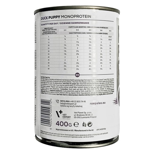 RAW PALEO PUPPY Mokré krmivo pre psov Mono Duck 400g