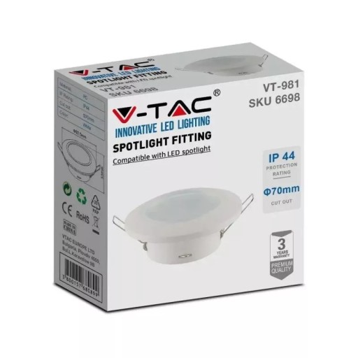 V-TAC GU10 Zapustené okrúhle tesné očko so sklom IP44 Biela VT-981 3 La