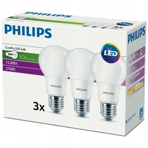 PHILIPS SET 3x E27 LED žiarovka 8W = 60W 2700K TEPLÁ BIELA 806lm A60