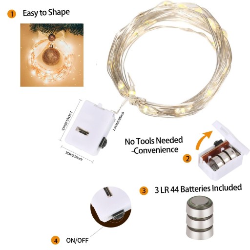 BIELE drôtené svetlá, 30 LED batérií na ozdobu vianočného stromčeka