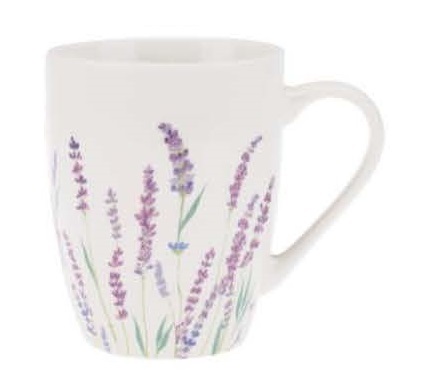 Porcelánový hrnček na kávu, čaj, LEVANDUĽA, 350 ml, mliečne biela, kvety levandule