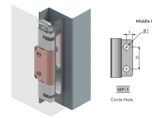 Zváraný oceľový skrytý pánt pre dvere s ohybom 24mm / 90x25mm