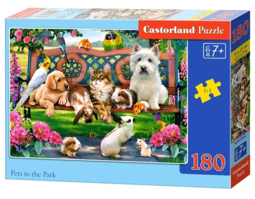 Puzzle 180 Puzzle ZVIERATÁ NA LAVIČKE V PARKU Mačky Psy Papagáje 7+ Kolieska