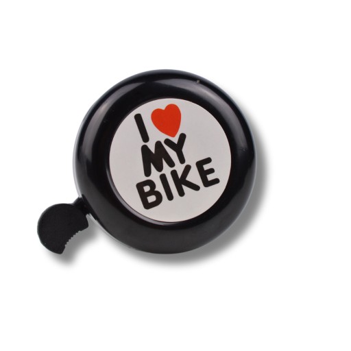 Mechanický zvonček na bicykel, hliník, PVC, 54mm, I LOVE MY BIKE, čierny