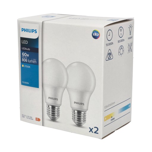 2x E27 A60 LED žiarovka 8W 2700K 806lm PHILIPS