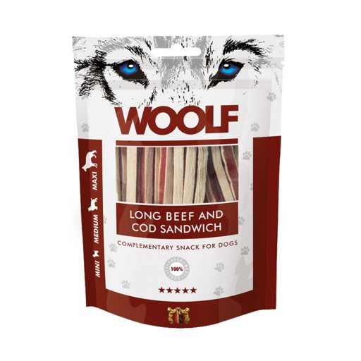 WOOLF LONG BEEF COD SENDWICH ZMLUVA PRE PSOV HOVÄDZIA COD 100G