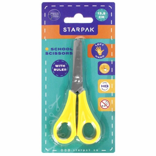 ŠKOLSKÉ NOŽNICE 13CM, KOVOVÉ, ĽAVÉ, S MERAČKOU, BEZPEČNÉ, ZAokrúhlené