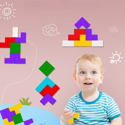 DREVENÉ BLOKY TETRIS PUZZLE 40 ELEM TANGRAM LOGICKÁ HERNÁ SADA