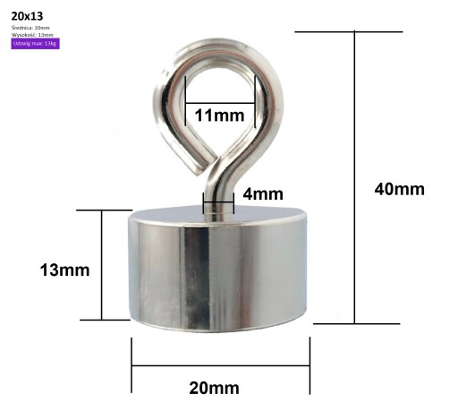 SILNÝ MAGNETICKÝ DRŽIAK 20x13 mm NEODYMOVÝ MAGNET S UCHOM 13KG