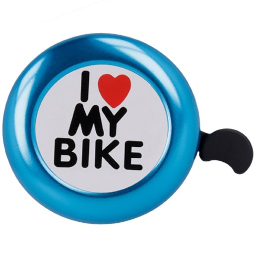 Cyklistický zvonček na bicykel s nápisom Milujem svoj bicykel, hlasný, pekný a modrý