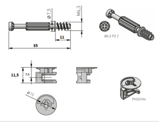 GTV excentrický konektor excentrický + kolík 6,3x35 mm - 10 ks.