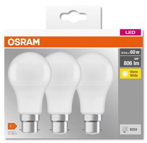 Osram LED žiarovka 8,5W 806lm 2700K teplá biela závit B22d - 3 kusy