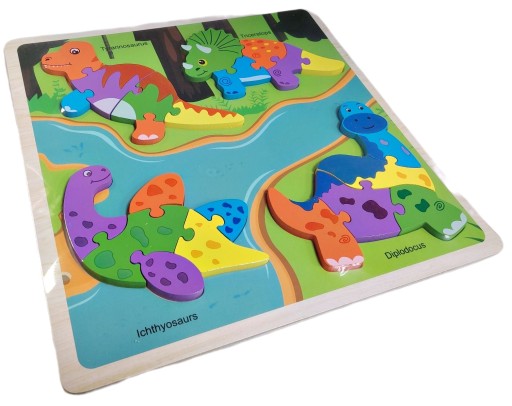 DREVENÉ PUZZLE DINO, DINOSAURY NA PODLOŽKE