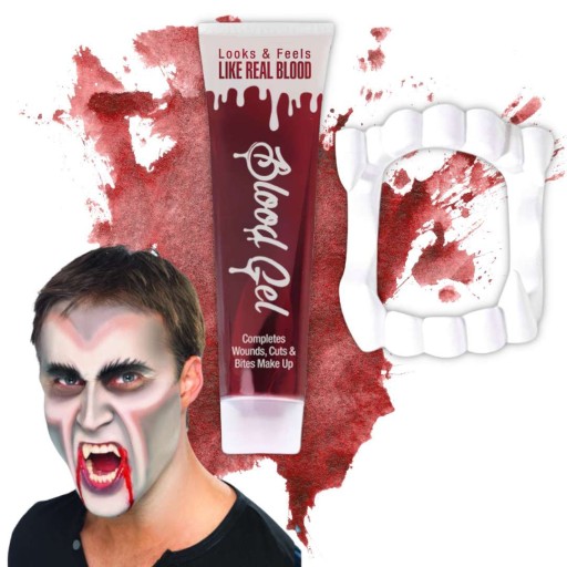 sada UMELÁ KRV v tube 28 ml VAMPIRE JAWS zuby TESY halloween