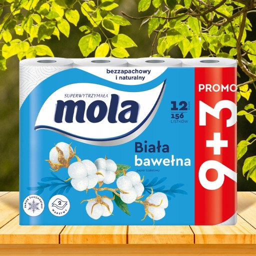 MOLA biely bavlnený toaletný papier 9+3, neparfumovaný, 12 roliek
