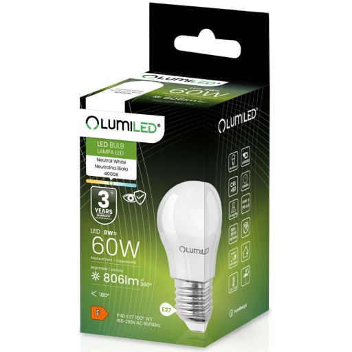 E27 P40 LED žiarovka MALÁ GUĽA 8W = 60W 4000K Neutral Color CCD LUMILED