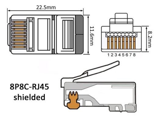 RJ45/8P8C zástrčka kat.5E STP krútená dvojlinka/lanko AWG24-26 priechodná 10ks