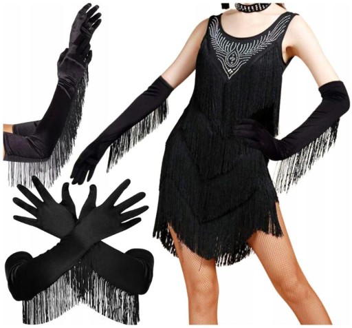 Dlhé saténové rukavice s elastickými boho strapcami