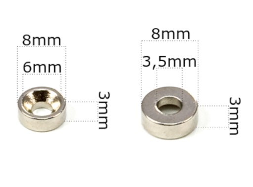 SILNÝ NEODYMIOVÝ MAGNET 8x3 mm S OTVOROM 6/3,5 mm PRE SÚPRAVU 4 Skrutiek