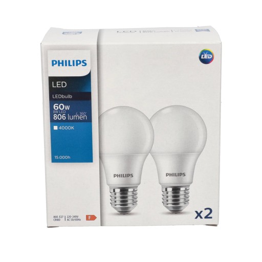 PHILIPS SET 2x E27 LED žiarovka 8W = 60W 4000K NEUTRÁLNA BIELA 806lm A60