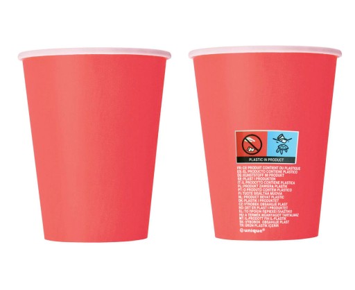 Červené hladké papierové poháre 270 ml 8 ks.