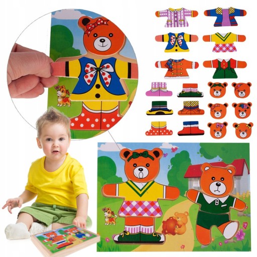 DREVENÉ PUZZLE PUZZLE OBLIEKANIA MEDVEĎOV 36 ks.
