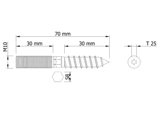 10x závrtná skrutka do dreva M10x70 mm