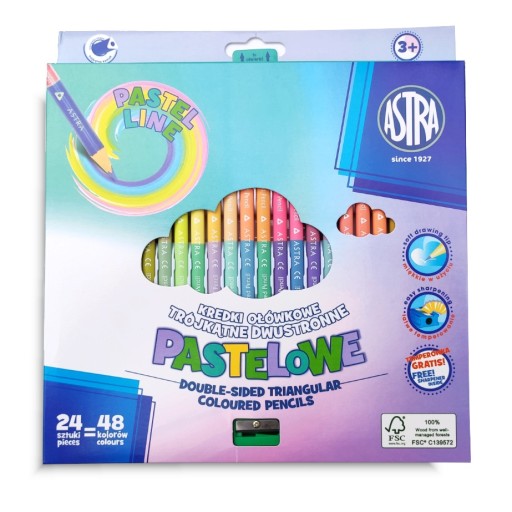 Astra PASTELOVÉ CERUŽKOVÉ PALUBKY, obojstranné, 24 pasteliek, 48 farieb, TROJUHOLNÍK
