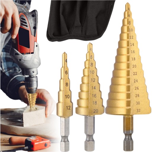 Stupňovité vrtáky, 3 ks, oceľ, sada, kužeľové, 4-32 mm, na drevo, plech