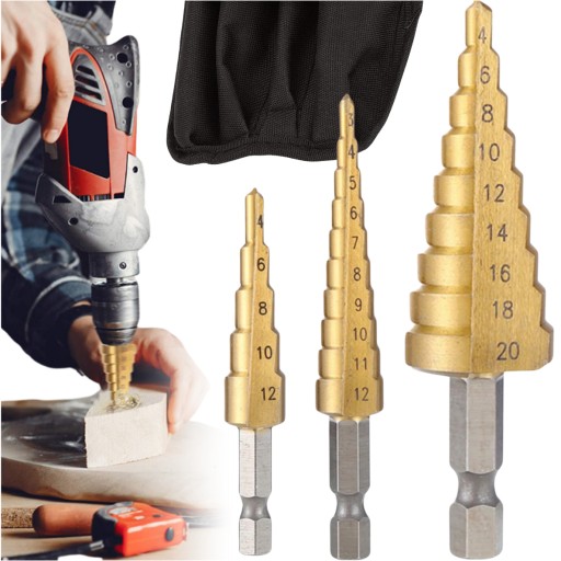 Stupňovité oceľové vrtáky, sada 3 ks, kužeľové, 3-20 mm, na drevo, plech