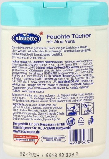 ALOUETTE vlhčené obrúsky s aloe, 2-vrstvové, 30 ks