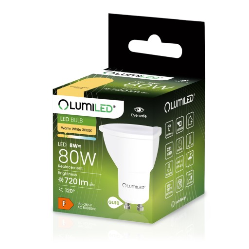 LED žiarovka GU10 8W = 80W 720lm 3000K TEPLÁ BIELA 120° PREMIUM LUMILED
