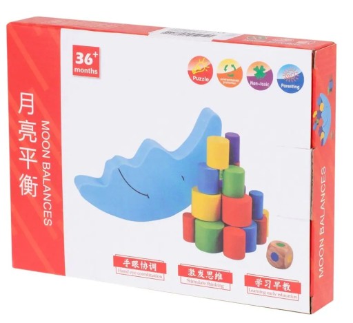 Montessori arkádová hra, puzzle vyvažujúce drevené kocky, mesiac
