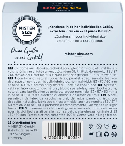 Kondómy MISTER SIZE prispôsobené na veľkosť, sada 53 57 60 mm, 3 kusy
