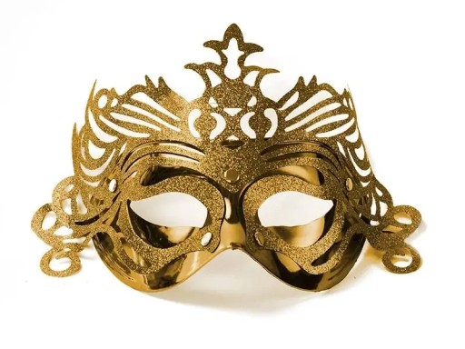 Karnevalová maska so zlatým trblietavým ornamentom