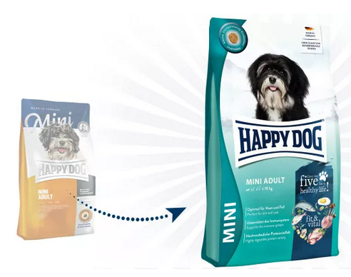 HAPPY DOG MINI ADULT 300g FIT & WELL ADULT DOGS MALÉHO PLEMENA hydinová ryba + ZADARMO