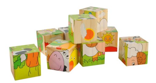 Vzdelávacie drevené kocky puzzle puzzle kocky Farma 6v1 9 kusov.